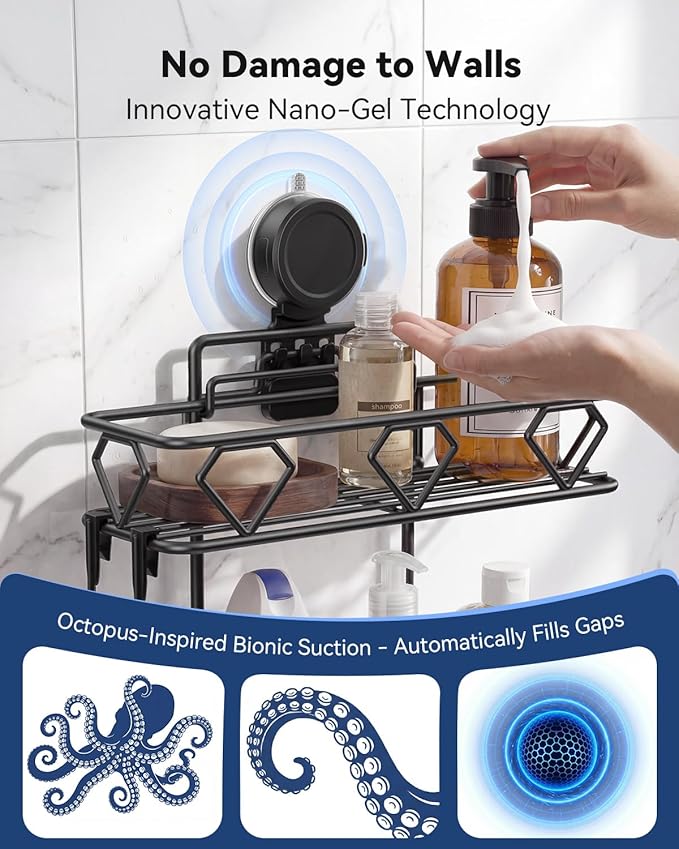 JOTPE Shower Caddy Suction Cup, No Drilling Shower Shelves Hold Up to 40 lbs, Large Capacity Double Layer Bathroom Organizer and Storage with Hooks, Rustproof & Removable Bathroom Shelf, Black