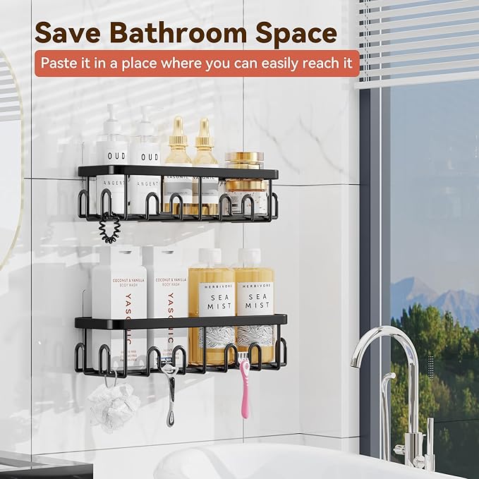 YASONIC Adhesive Shower Caddy, 2 Pack Black Shower Shelves for Inside Shower, Rustproof Shower Organizer with Soap and Toothbrush Holder, No Drilling Shower Storage for Bathroom/Kitchen