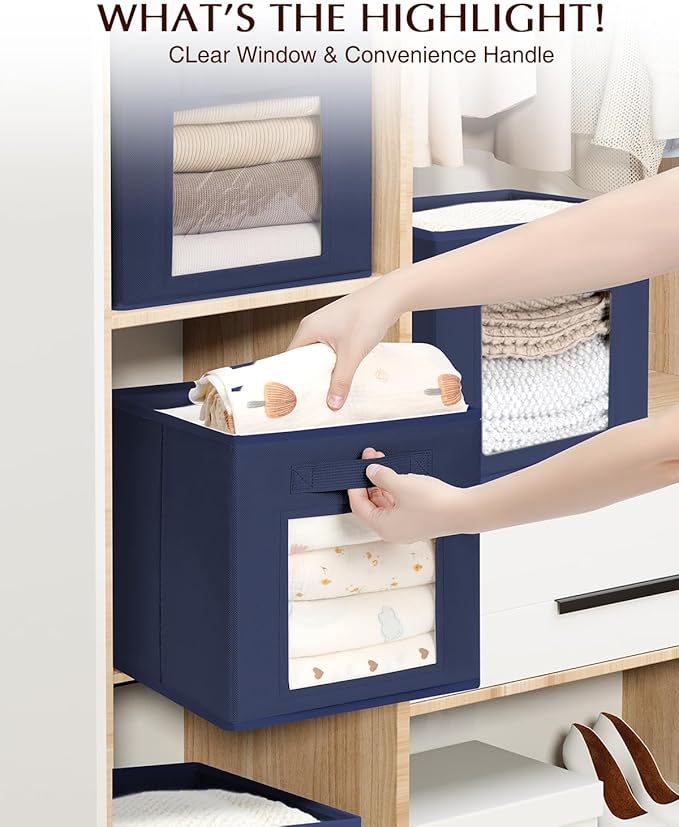 Homsorout Storage Cube 11 Inch - Cube Storage Bins with Window, Closet Storage Baskets with Handle, Fabric Bins for Closet, Shelves, Toys, Clothes, Set of 12, Navy Blue