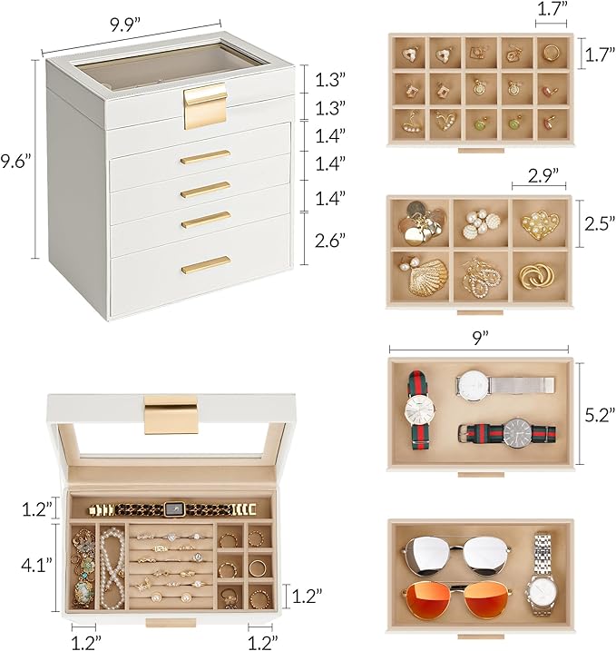 Somduy Jewelry Box, 5 Layers Jewelry Storage Display Box with Glass Lid for Women, 4 Drawers,Large Capacity for Necklace Earrings Bracelets Rings,White