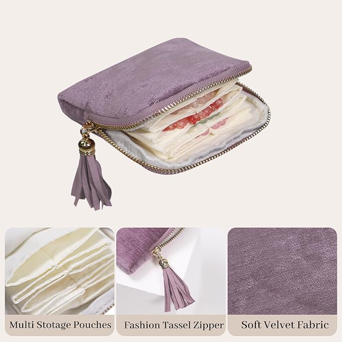 Stratalife Travel Jewelry Case - Portable Jewelry Organizer for Traveling Small Pouches for Bracelets Necklace Bangles Healing Crystal, Ring Storage with Zipper Gift for Women, Purple Tassel