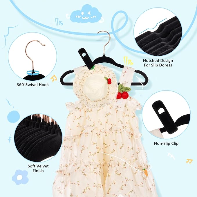 Tonswachic Velvet Baby Hangers 30 Pack - 11 Inch Premium Felt Non Slip Kids Hanger for Infant Toddler Clothes - 0.2" Ultra Thin Baby Clothes Hangers for Children's Closet with 10 Hanger Clips - Black