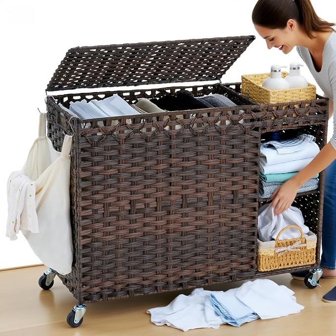 Laundry Hamper with Lid, 160L Rattan Wicker Laundry Basket with Wheels, Handwoven Laundry Hamper 3-Section with Storage shelf(42.3 Gal), Laundry Sorter Basket with Removable Liner,Brown HLH033BR