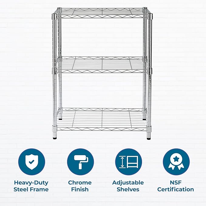 Honey-Can-Do 3-Tier Heavy Duty Adjustable Shelving Unit, 250-lb Per Shelf Metal Storage Rack, Wire Shelf for Kitchen Garage Pantry Closet, Chrome, 24 x 14 x 30 in