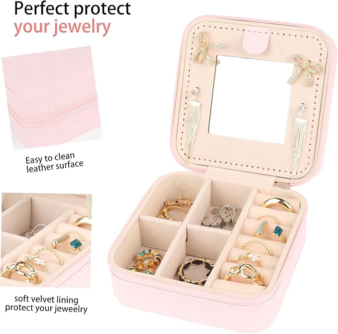 Travel jewelry case,Small Jewelry Box Organizer with Mirror, Gift for Women Girls,3.9"x3.9",Pink,1Pack