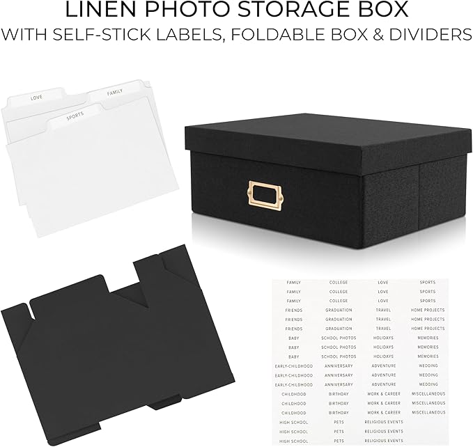 ZICOTO Decorative Photo Storage Box - Sturdy Linen Photo Organizer with Dividers is Perfect to Store Up to 1700 Pictures and 4x6 Photos - Portable Scrapbook Storage Containers with Lid