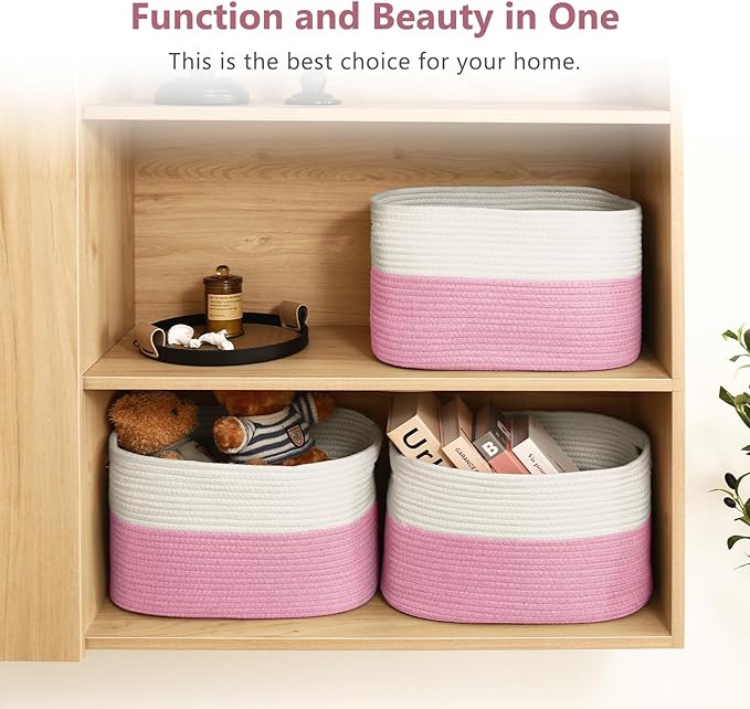ECDYQXVU Cotton Rope Shelf Storage Basket, 15x10x9 in, Shelf Storage Baskets for Clothes, Towels, Books, Laundry (White/ Pink, 1 Pack)