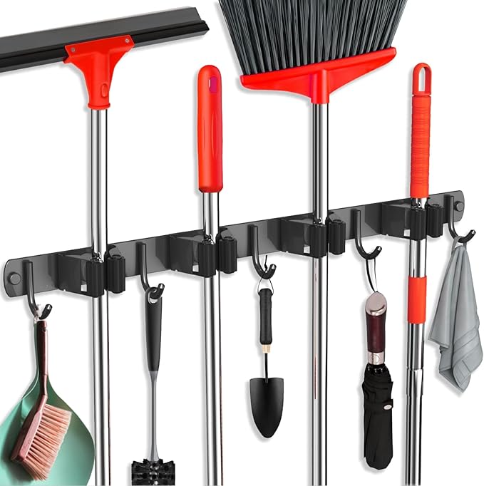 Mop and Broom Holder Wall Mount, Upgraded Broom Hanger Wall Mount, Stainless Steel Broom Organizer for Closet Garage Laundry Room Kitchen Wall Decor(4Racks 5Hooks Black)