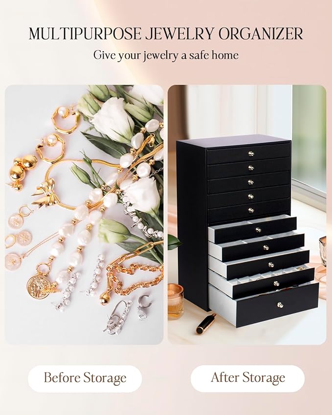 GUKA Large Jewelry Box, Jewelry Case with 10 Drawers for Big and Small Jewelry, Jewelry Storage Organizer for Watch Earrings Necklace Rings Bracelets, Birthday Wedding Gifts, Black