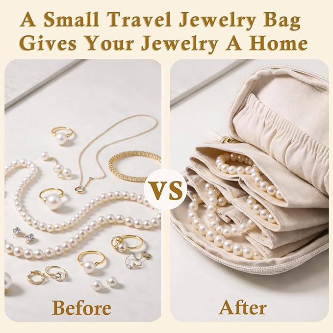 Ideal Swan Small Travel Jewelry Case, Valentines Gifts for Women, Portable Large-Capacity Tassel Jewelry Pouch Bags with Zipper, Beige Velvet Jewelry Organizer Storage Bag for Bracelet Rings Earring
