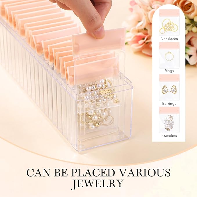 Kenning 42 Pcs Acrylic Jewelry Case Organizer, Clear Jewelry Organizers Holder with Portable Anti Tarnish Storage Bags for Rings, Earrings, Necklaces, Ideal Gifts for Women (Rose Pink)