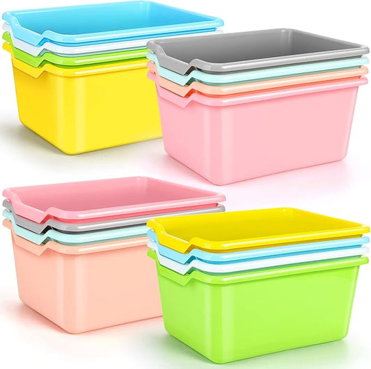 Dandat 16 Pcs Plastic Book Bins for Classroom Library Cubby Bins Scoop Front Stackable Toy Storage Tubs Containers for School Office Home Nursery Playroom Organization(Candy Color)