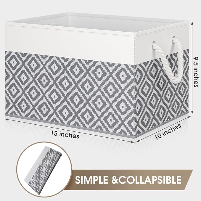 StorageTastic Storage Bins, 2-Pack Large Storage Box with Rope Handles, Collapsible Storage Basket for Organizing Books, Clothes, Rhombic Grey
