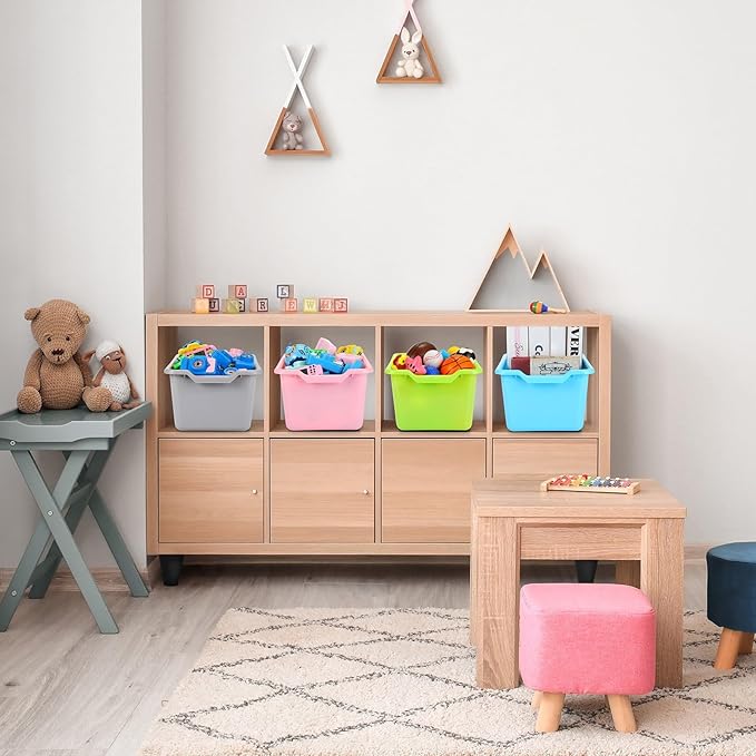 Dandat 16 Pcs Plastic Book Bins for Classroom Library Cubby Bins Scoop Front Stackable Toy Storage Tubs Containers for School Office Home Nursery Playroom Organization(Candy Color)