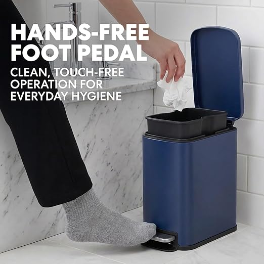 SIMPLI-Magic 6L/1.6G Stainless Steel Bathroom Trash Can with Hands-Free Foot Pedal, Quiet Soft-Close Lid, Compact Space-Saving Size