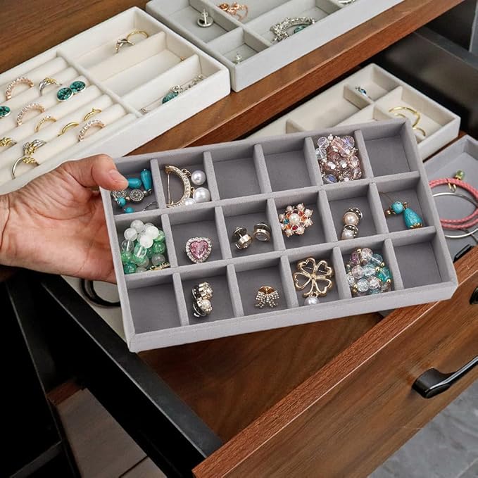 2Pcs 5 x 8.3 Inch 18 Grid Jewelry Tray Drawer Insert Velvet Earring Organizer Display Case Storage with Removable Divider Container Box for Rings Watch Necklace Trinket Holder Showcase Gray