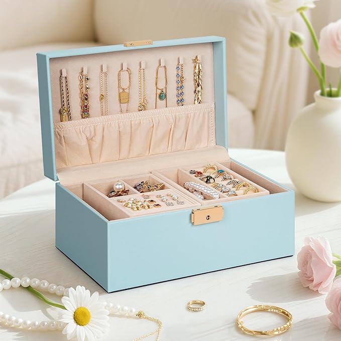 AKOZLIN Travel Jewelry Box Organizer Functional 2-trays Leather Jewelry Storage Case with Lockable Portable for Women Girls Ring Necklace Earring Bracelet