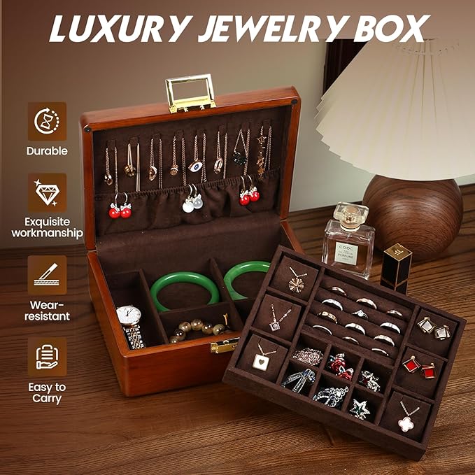 Solid Walnut Wood Jewelry Box with Lock, 2 Layer Velvet Jewelry Organizer Storage Lined for Earrings Rings Necklaces Bracelets Cufflink Gift Idea for Men Women, Vintage Brown