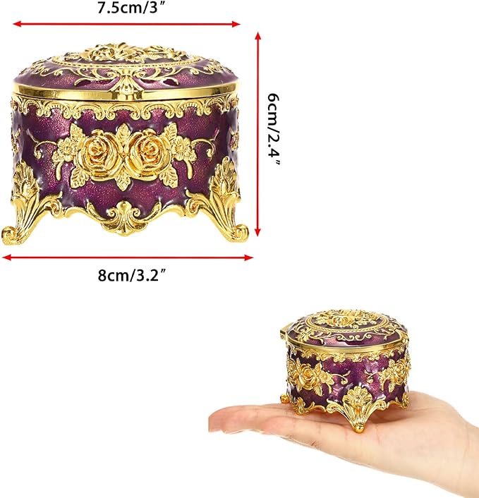Hipiwe Vintage Jewelry Box Small Trinket Storage Organizer Box Gold Metal Chest Ring Case Treasure Chest Round Keepsake Boxes for Earrings Necklace Gift for Women,Purple