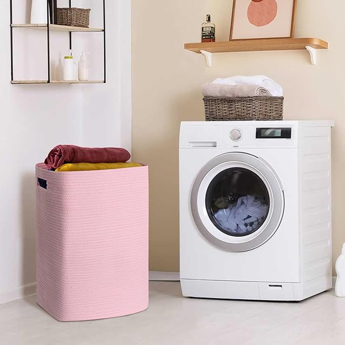 MEGASKET Large Laundry Hamper 16"x13"x22" - Tall Woven Laundry Basket, Cotton Rope Dirty Clothes Hamper, Baby Kids Nursery Wicker Laundry Basket, Bedroom Aesthetic, Soft Laundry Bin, Pink Hamper, 75L