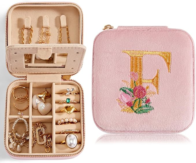 Smileshe Personalized Gifts for Mom Mothers Day, Birthday, Graduation Gifts for Girls Fashion, Travel Gifts for Teen Girls Trendy Stuff, Velvet Jewelry Box with Flower, Letter F, Pink