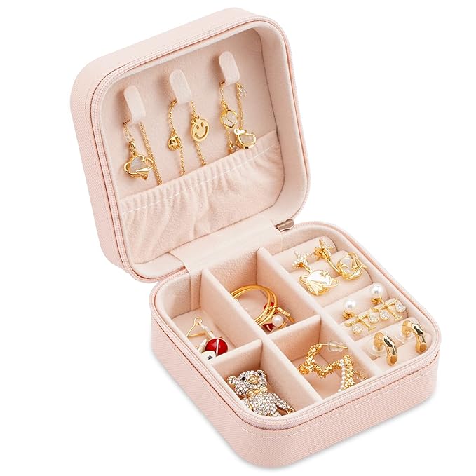 Neveika Portable Travel Mini Jewelry Box Leather Jewellery Ring Organizer Case Storage Gift Box Girls Women (pink).