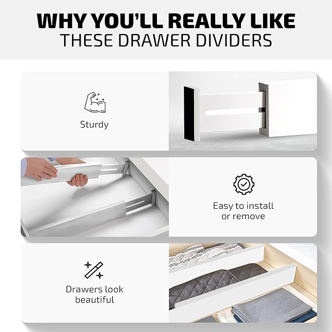 4-Pack Drawer Dividers - 2.6 Inches High, Adjustable 16 to 22 Inches Bamboo Drawer Organizer, Large Expandable Separator for Clothes, Dresser, Bedroom, Bathroom, Baby, Office, Kitchen Utensils, White