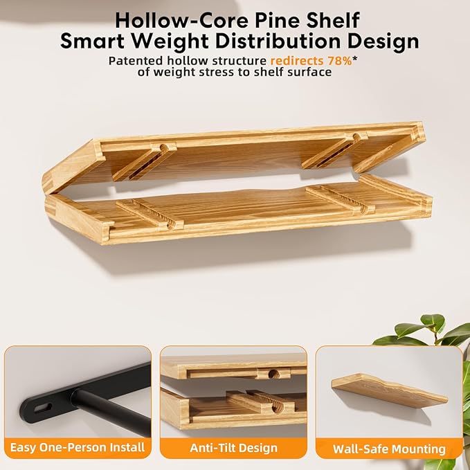 Floating Shelves for Wall Rustic Farmhouse 48 Inch Floating Shelf Bathroom Wooden Shelves for Wall Mounted Live Edge Pine Shelf with Unique Natural Grain for Living Room Bedroom Kitchen (Natural)