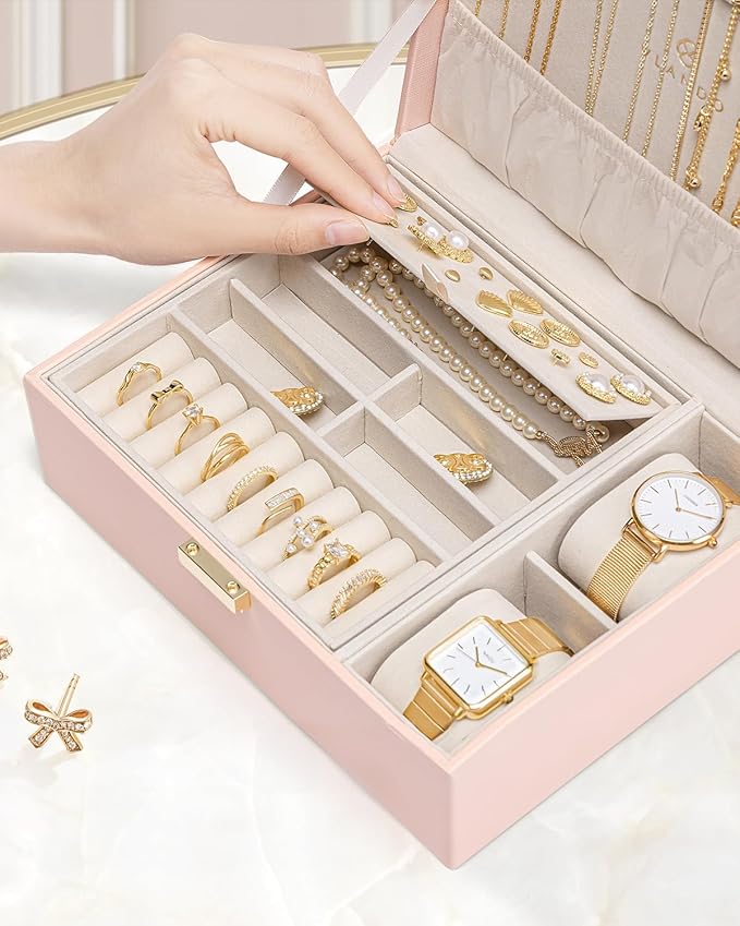 VLANDO 2 Layer Jewelry Box Large Jewelry Organizer for Mothers Day Mom Gifts Jewelery Tray with Watch Pillow for Necklace Earrings Rings Bracelets Jewelry Boxes for Holidays Gifts (Pink)