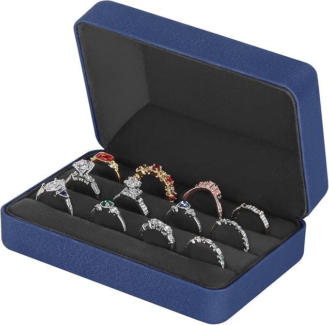 KUKUVR Velet Ring Storage Box - Multiple Rings, Travel Jewelry Case, 3 Slot Portable Ring Display Organizer (Blue)