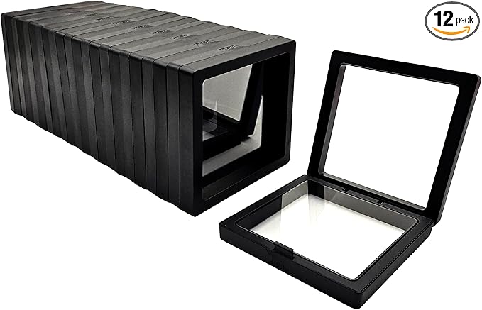 12PCS 3D Floating Frame Display Stand, Jewelry Box, Gift Box, Ornament Organizer, Small Travel Jewelry Box, PE Film Anti-Oxidation, Suspended Display Box Stackable (Black, 3.54 * 3.54)