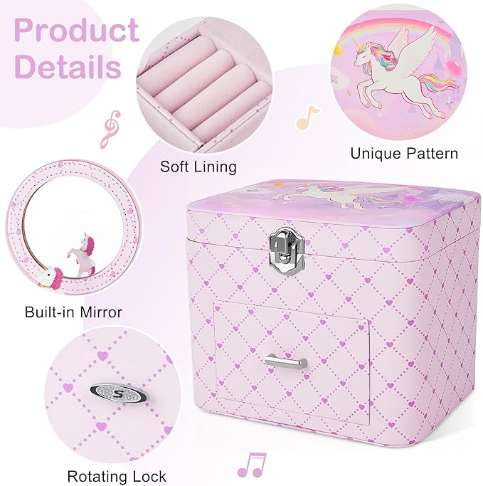 Basumee Musical Jewelry Box for Girls PU Leather Music Box with Drawer Large Kids Jewelry Organizer with Unicorn/Ballerina Jewelry Storage for Little Girls Ages 3–10, Birthday & Holiday Present