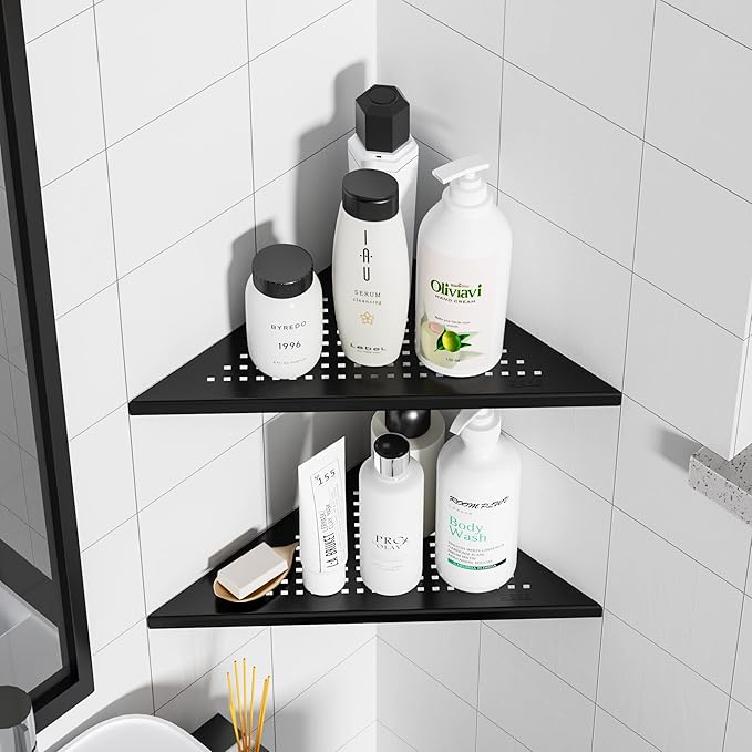 Qeke Corner Shower Shelves, 10” Recessed Tile Shower Shelf Matte Black, 304 Stainless Steel Grout in Corner Tile Bathroom Shelves, No Drilling, 2 Pack