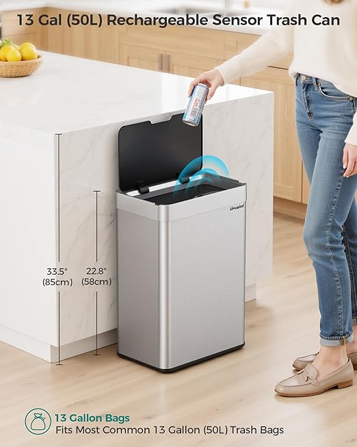 Kitchen Trash Can Touchless, 13 Gallon/50 L Stainless Steel Automatic Motion Sensor Trash Can, Type-C Rechargeable Garbage Can with Lid, Silent Close, Touchless Trash Bin for Home Kitchen, Silver