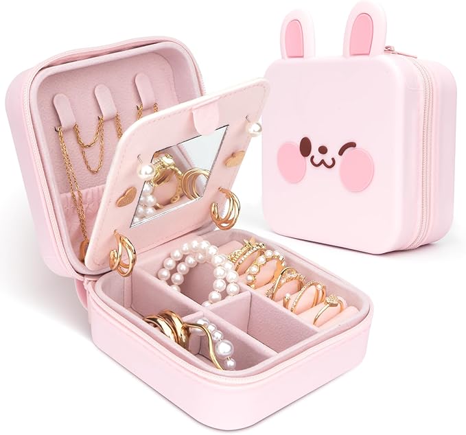 Cute Bunny Travel Jewelry Case with Mirror, Silicone Portable Mini Small Jewelry Box Organizer for Women Girls Mom, Wedding, Birthday Gift - Pink