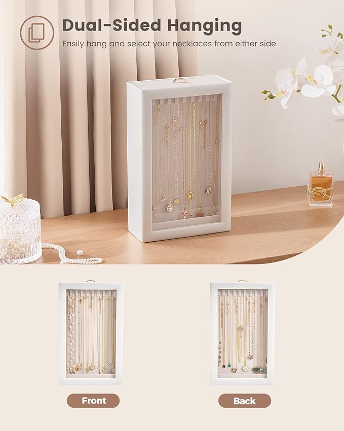 Lolalet Upgraded Double-Sided Hanging Necklace Organizer Box, Jewelry Display Case with Double-Sided Clear Window for Necklaces Bracelets, Tangle-Free Necklace Storage Box, Mothers Day Gift