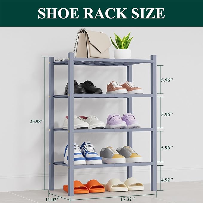 Smiry Shoe Rack, 4 Tier Thick Small Bamboo Shoe Organizer, Stackable Free Standing Wooden Shoe Storage Shelf for Closet, Entryway, Front Door Entrance, Grey