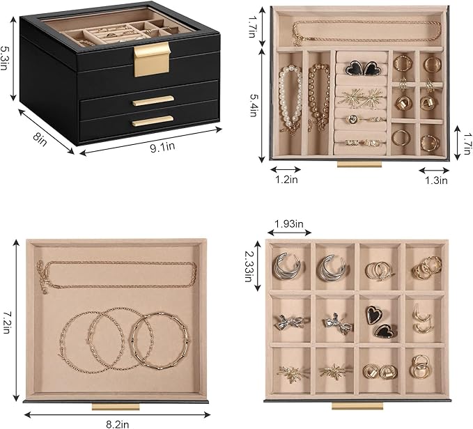 Somduy Jewelry Box Organizer for Women,3 Layers Jewelry Storage Display Box with Glass Lid,Gift for Christmas,3 Drawers,Large Capacity for Necklace Earrings Bracelets Rings,Black