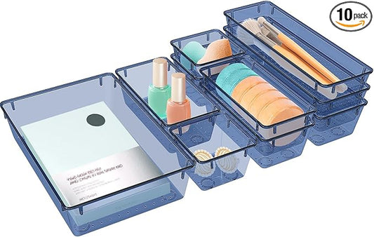 StorMiracle 10 PCS Drawer Organizer Set, 5 Varied Size Bathroom and kitchen Drawer cabinet organizer Trays, Clear Storage Bins for Makeup, Jewelry, Utensils and Gadgets, Dark Blue