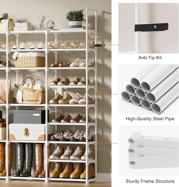 WOWLIVE 4 Row 9 Tiers Extra Large Shoe Rack Big Tall Metal Shoe Shelf, Heavy Duty Organizer for Closet Entryway, Boot Rack Storage Stackable Stand for Garage White
