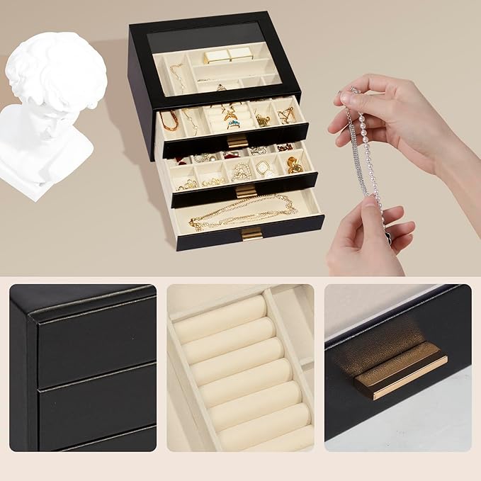 Jewelry Box with Glass Lid, 3-Layer Jewelry Organizer for Women Girls, PU Leather Display Case with 20-Grid Earring Tray & Movable Dividers for Necklaces Rings,Black