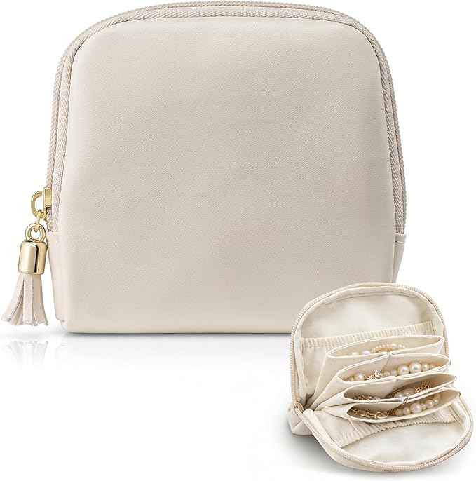 Ideal Swan Small Travel Jewelry Case, Valentines Gifts for Women, Portable Large-Capacity Tassel Jewelry Pouch Bags with Zipper, Beige Velvet Jewelry Organizer Storage Bag for Bracelet Rings Earring
