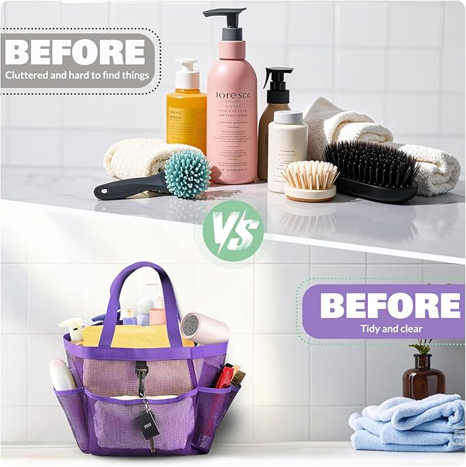 LOYEE Mesh Shower Caddy Portable for College Dorm Room Essentials with 8 Pockets, Shower Bag for Beach, Swimming, Gym, Travel, Bathroom(All purple)