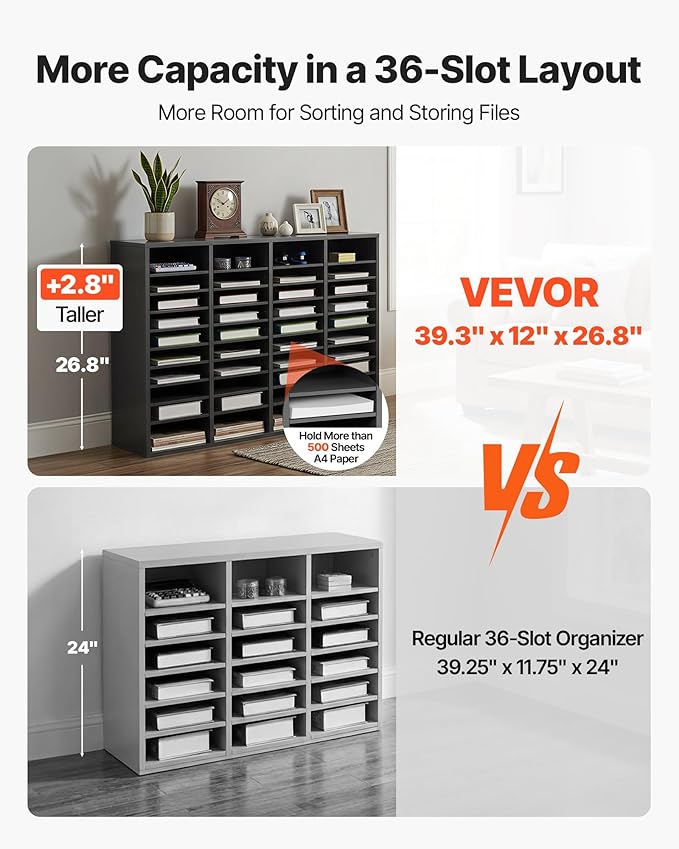 VEVOR Literature Organizer, 36 Compartments Office Mailbox with Adjustable Shelves, Wooden Mailbox Sorter Medium Density Fiberboard Office Home Classroom Storage for Files, Documents, Papers, Grey