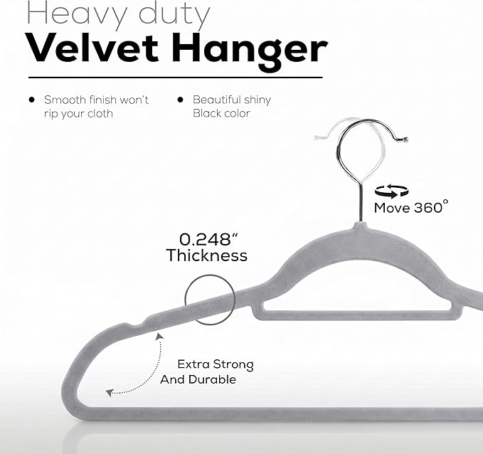 Utopia Home Premium Velvet Hangers 50 Pack - Non-Slip Clothes Hangers with Tie Bar - Grey Hangers - Standard Hangers with 360 Degree Rotatable Hook - Heavy Duty Coat Hangers