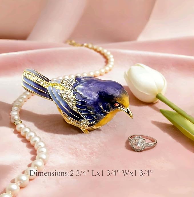 Starling Bird Trinket Boxes Hinged with Crystals Enameled Jewelry Box.Bird Lover Gifts for Women.Necklace Ring Box Earrings Storage.Collectible Bird Figurines Home Decor -Blue Yellow.