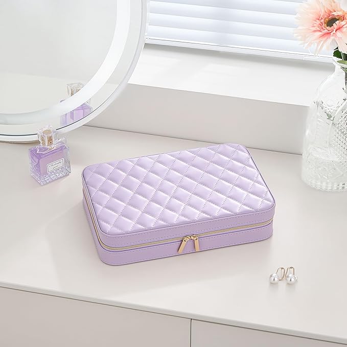 Lolalet Travel Jewelry Case for Women Girls, Travel Jewelry Organizer Box with Mirror & Clear Storage Bag, Small Portable Earring Necklace Bracelet Ring Case, Birthday Valentine Gifts -Large, Purple