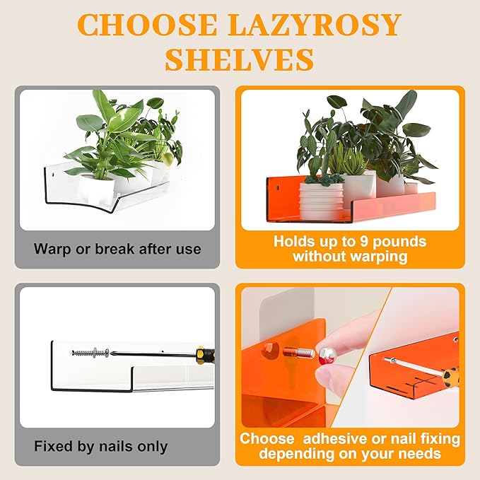 4 Pack Floating Shelves –15'' Orange Acrylic/PET Wall-Mounted No Drill Storage with Adhesive, Bathroom & Bedroom Shelving for Kitchen, Living Room, Home Decor