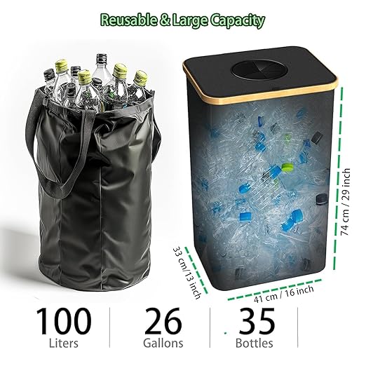 Recycling Bin for Kitchen Indoor Home, Large 100L/ 26 Gallon Recycle Bin with Lid Removeable Reusable Inner Bag Bottle Can Glass Waste Plastice Stickers (Gray, 26 Gallon)