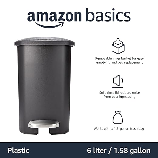 Amazon Basics Compact Plastic Bathroom Trash Can with Soft-Close Lid,Hands-Free Foot Pedal,Removable Inner Bucket,6 Liters,Black,(Pack of 6)